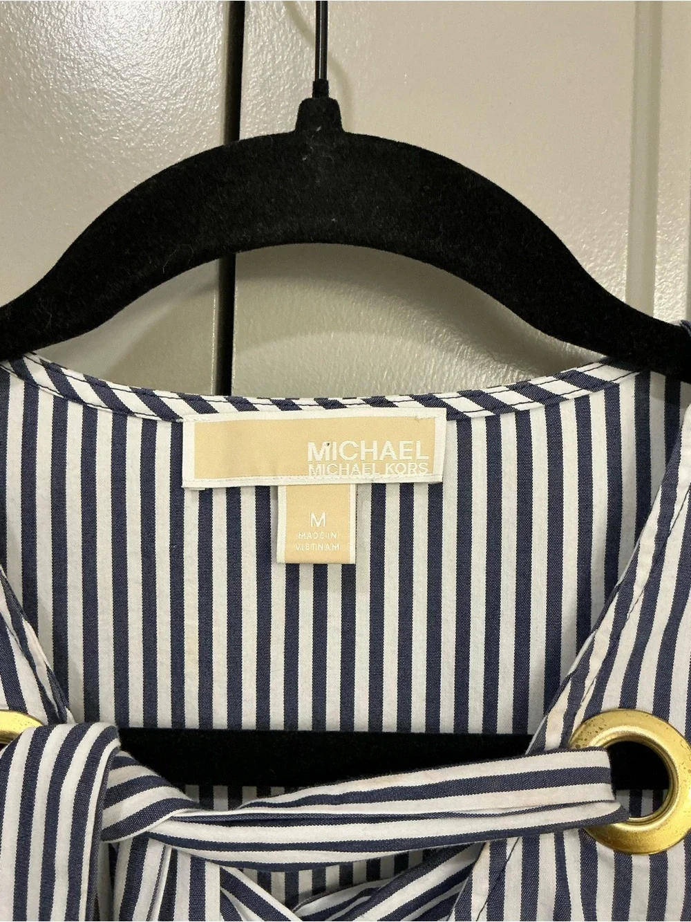 Michael Kors Blue White Stripe Lace-Up Bell Sleeve Blouse Size Medium